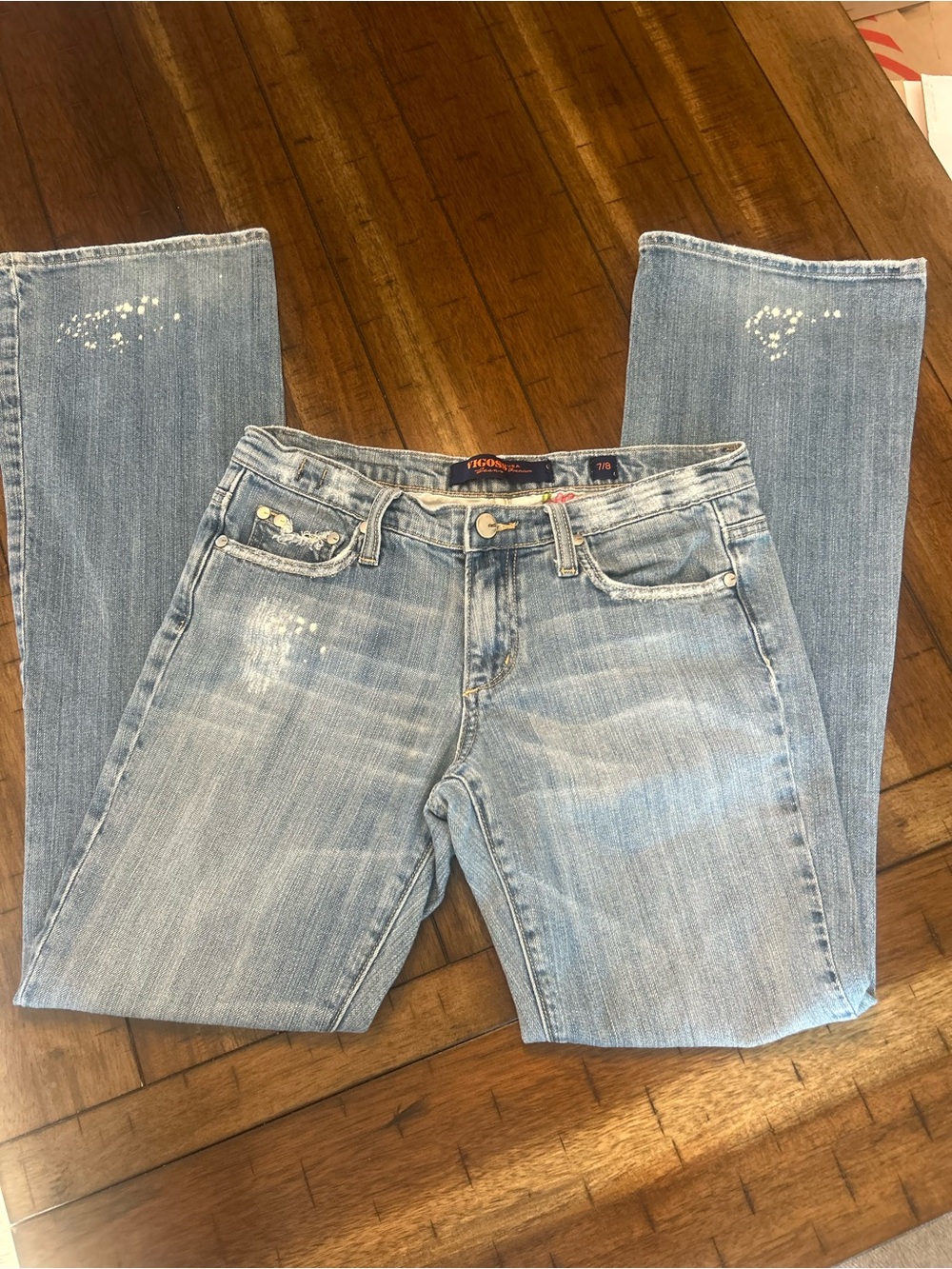 Vigoss Y2K Distressed Flare Jeans Paint Splatter Boho Festival Denim 7/8